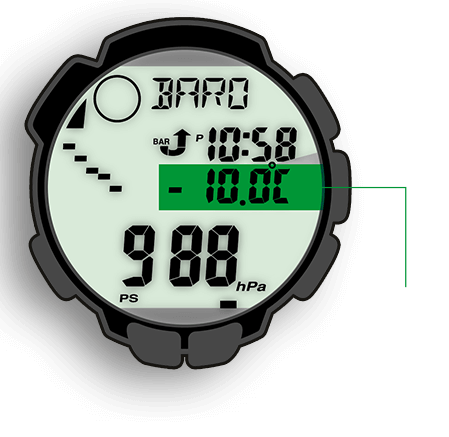 O termómetro do PRO TREK mede temperaturas entre os -10 °C e os +60 °C
